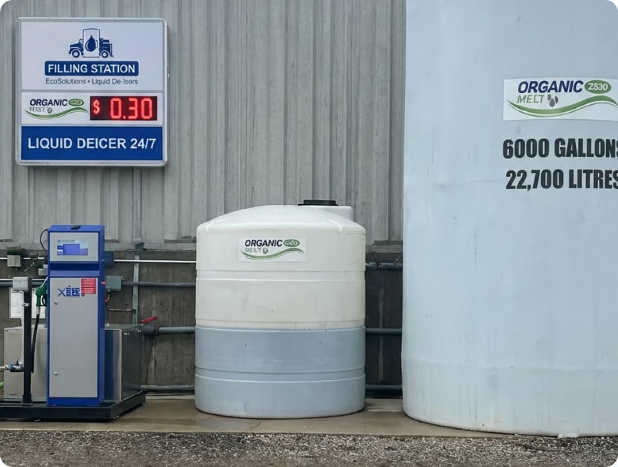 Self-serve filling station: signage with live pricing, kiosk pump, and bulk liquid de-icer storage tanks
