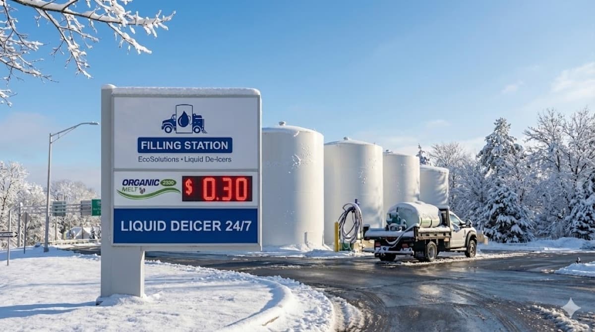 Daytime filling station with snow-covered ground and a truck filling up