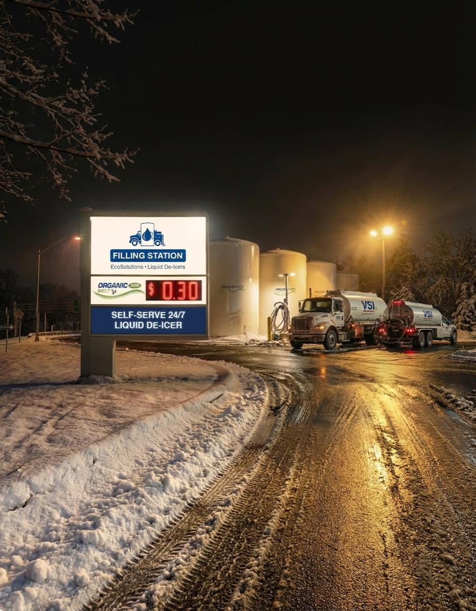 Self-serve liquid de-icer filling station at night with VSI brine truck