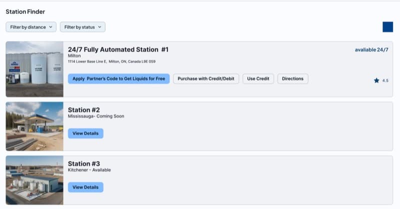 Station finder listing nearby filling stations