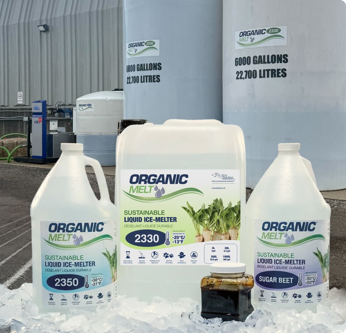 Eco Solutions ORGANIC liquid de-icer jugs beside bulk storage tanks