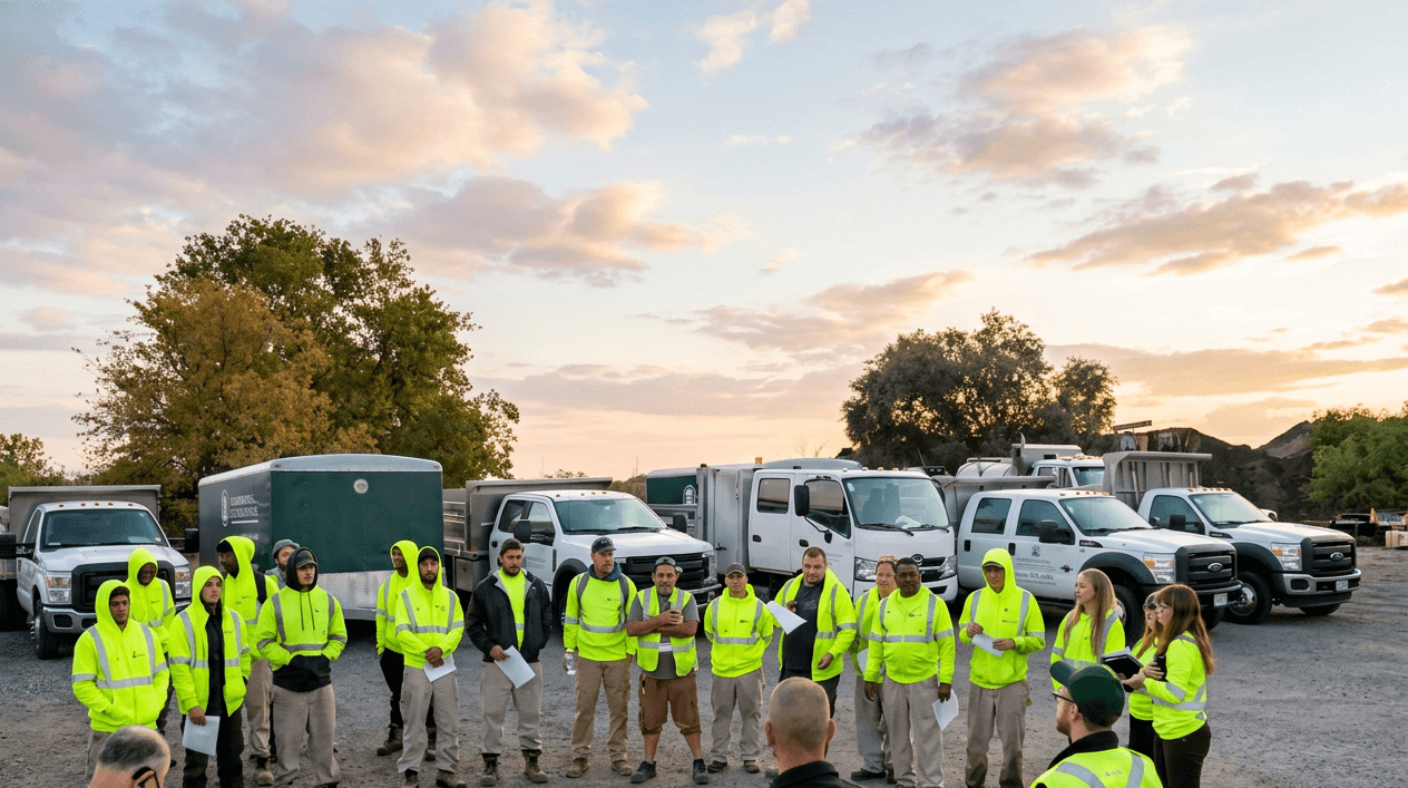 Group of contractors and consultants in safety vests at sunset