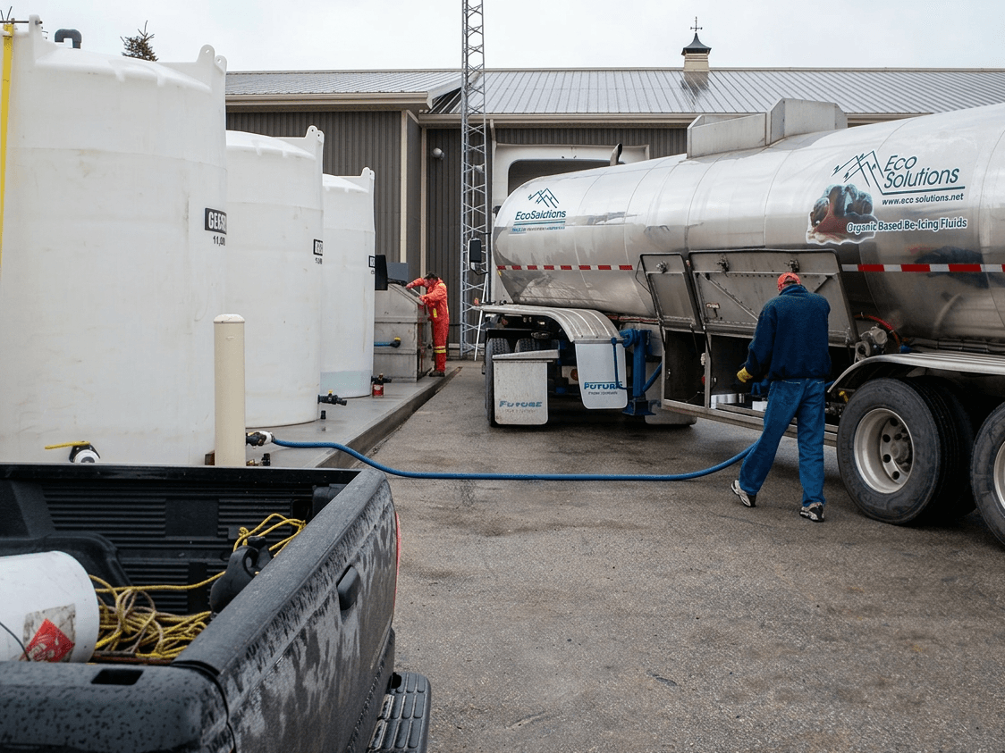 Brine truck refilling at a partner equipment yard