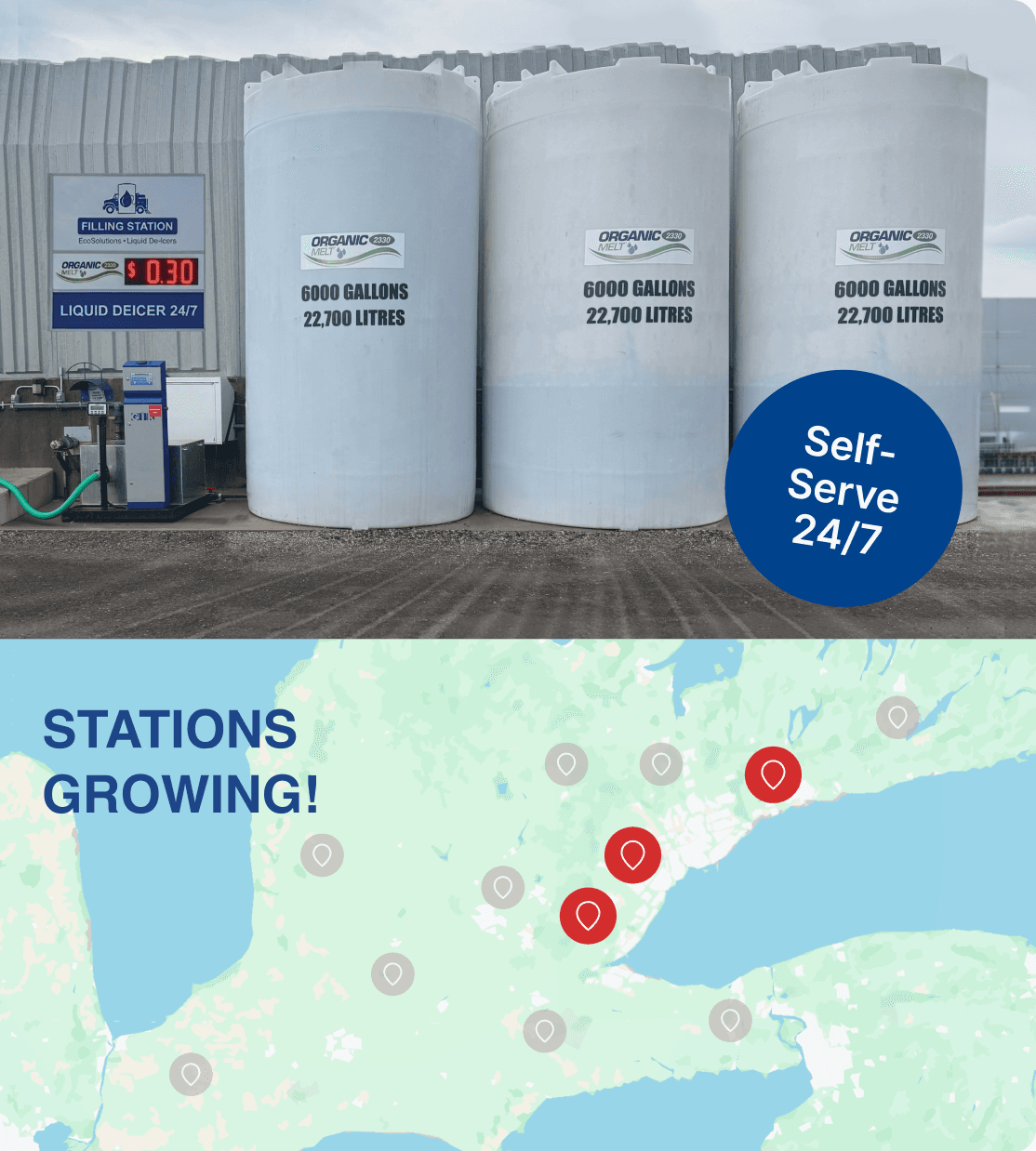 Bulk storage tanks with a Self-Serve 24/7 badge above a map of the network's growing station locations